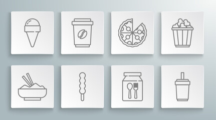 Set line Rice in a bowl with chopstick, Coffee cup to go, Lollipop, Online ordering and delivery, Paper glass straw, Pizza, Popcorn box and Ice cream waffle cone icon. Vector