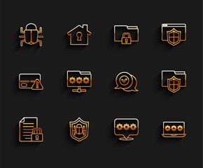 Set line Document and lock, System bug, Password protection, Laptop with password, Folder, folder and Check mark in speech bubble icon. Vector