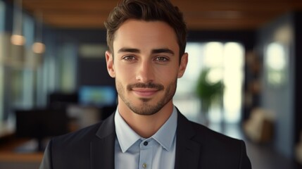 Smiling handsome young businessman looking at the camera in the office, headshot close-up corporate portrait