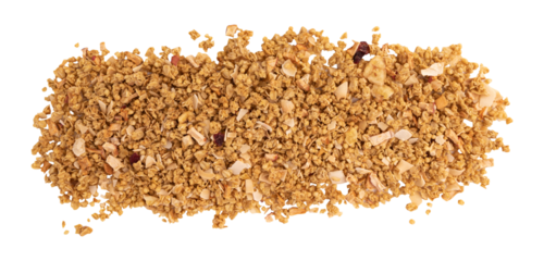 creative layout made of granola isolated on white background, flat lay of muesli pile, healthy eating concept