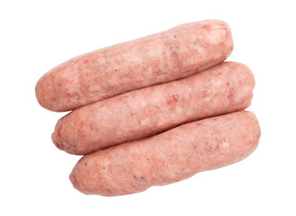 three uncooked pork sausages isolated on white background with clipping path, top view, freshness food, raw meat sausages for barbeque