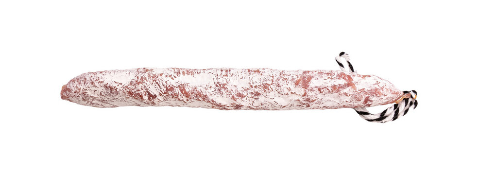 salami sausage thin dry cured pork sausage with peculiar taste isolated on white background, with clipping path, top view