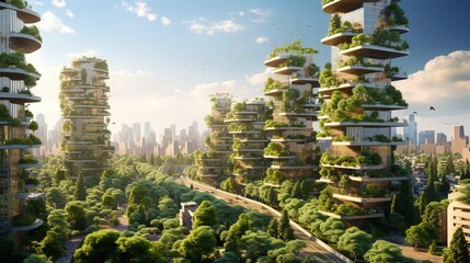 AI-generated civil architecture and natural biological life combine a splendid environmental awareness city with a vertical forest concept of a metropolis covered with green plants, - obrazy, fototapety, plakaty