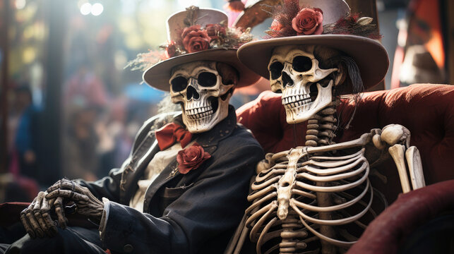 Two skeletons at the celebration of the day of the dead. Generative AI