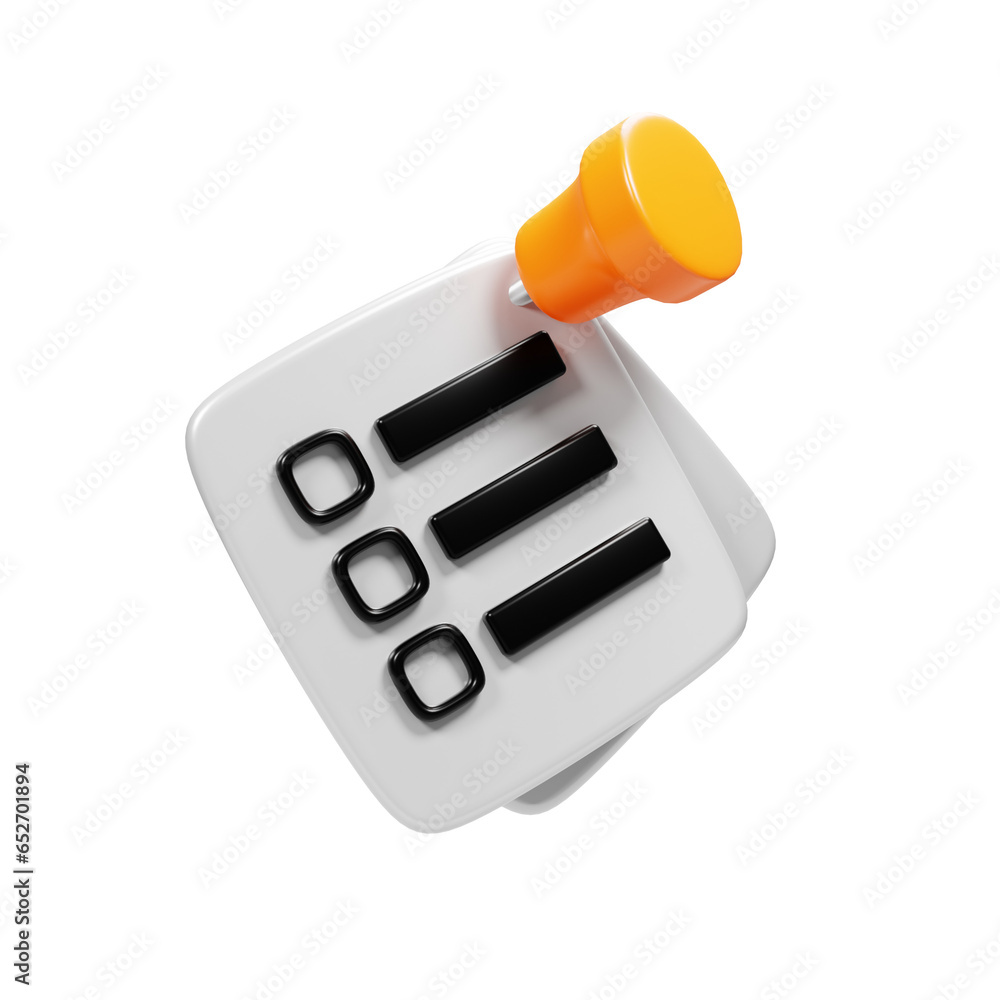 Poster 3d rendering pinned paper sheet icon. shopping list icon concept