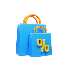 3d rendering shopping bag icon with percent sign. Shopping discount icon concept