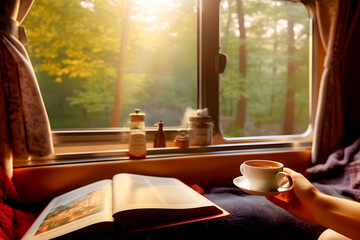 Manos de mujer sujetando una taza de café en el interior de autocaravana casa móvil con vistas al mar en el amanecer.Estilo de vida de viaje con camper.