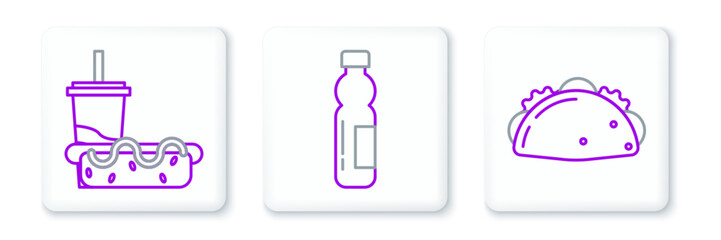 Set line Taco with tortilla, Paper glass drinking straw and hotdog and Bottle of water icon. Vector