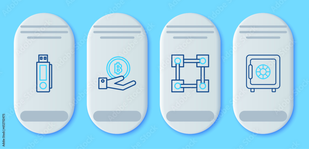 Sticker set line hand holding bitcoin, blockchain technology, usb flash drive and safe icon. vector