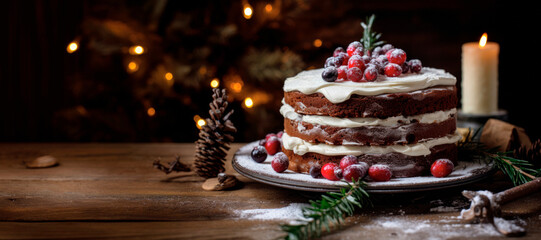 Fototapeta na wymiar A Deliciously Prepared Rustic Cake Adorned with Whipped Cream, Red Berries, Pinecones, Holly Decorations, Surrounded by Festive Candles and Twinkling Christmas Lights 
