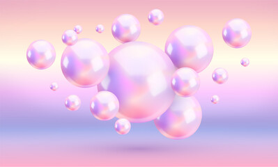 Vector abstract holographic balls gradient background. Floating vibrant colors iridescent spheres horizontal background. Abstract trendy vivid wallpaper, neon design template