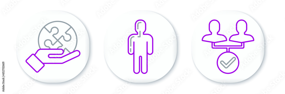 Aufkleber set line project team base, piece of puzzle in hand and user man business suit icon. vector