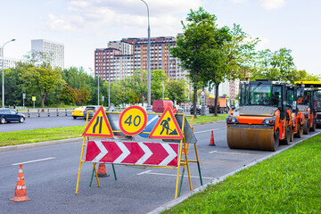 Moscow, Russia - August 17, 2023: road sign for road works