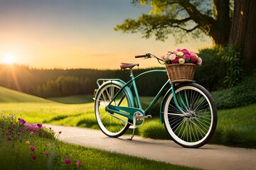A classic bicycle with an enchanting basket brimming with flowers, nestled in the midst of a garden scene.     