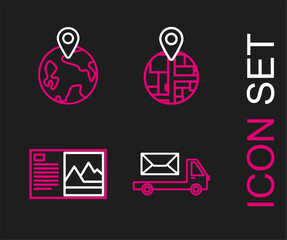 Set line Post truck, Postcard, and Worldwide icon. Vector