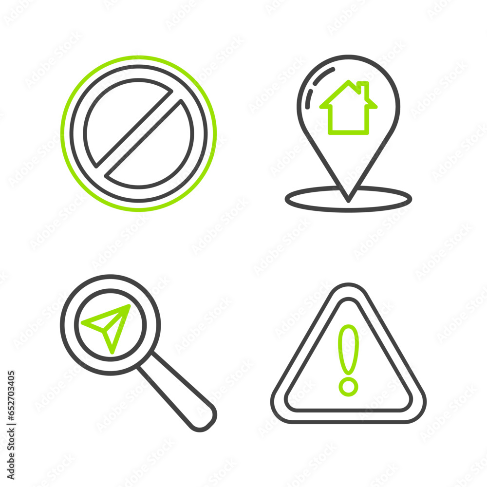 Poster set line exclamation mark in triangle, search location, map pointer with house and stop sign icon. v