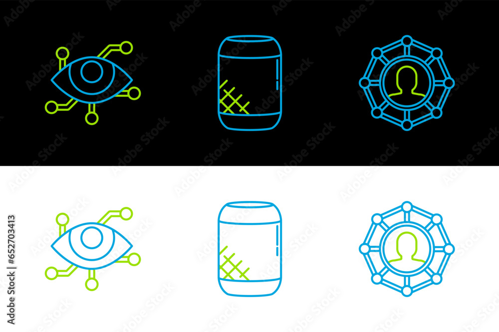 Poster set line project team base, virtual reality and voice assistant icon. vector