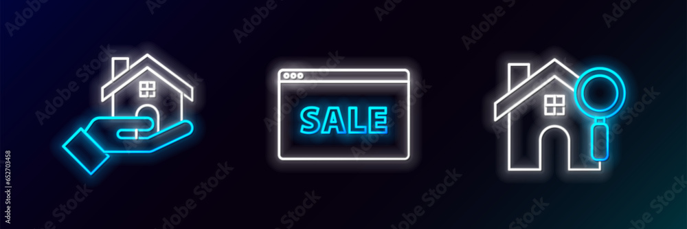 Poster set line search house, realtor and hanging sign with text online sale icon. glowing neon. vector