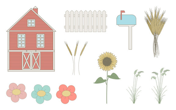 Set village elements on white background, farm and flowers
