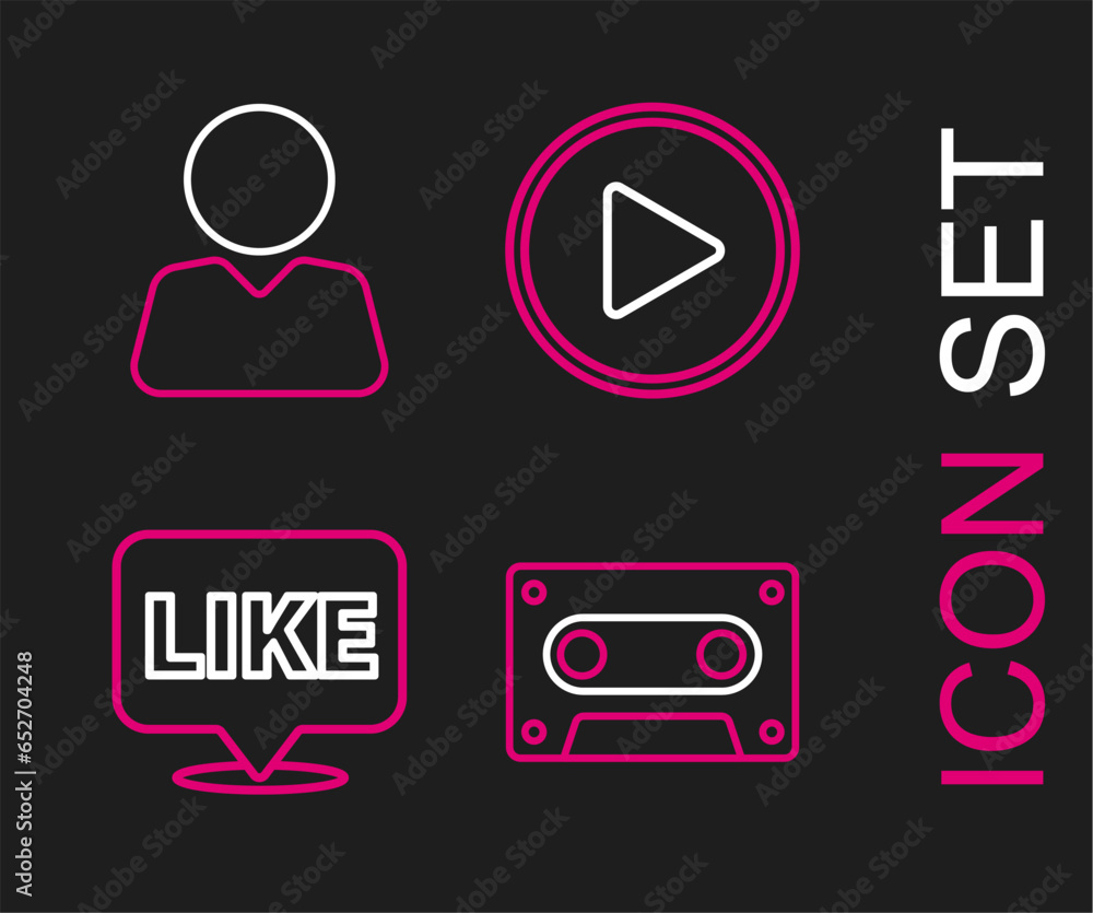 Poster set line retro audio cassette tape, like in speech bubble, play circle and add to friend icon. vecto