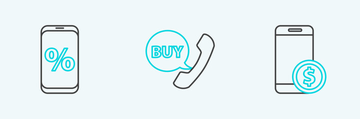 Set line Smartphone with dollar, Percent discount and mobile and Phone speech bubble Buy icon. Vector
