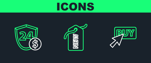 Set line Buy button, Shield with dollar and Price tag New icon. Vector