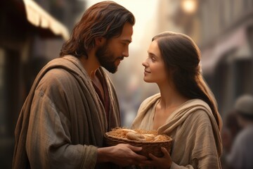 Jesus Christ travels and distributes food to the poor, with his companion Mary Magdalene, love family respect forgiveness, Christian traditional family values - obrazy, fototapety, plakaty