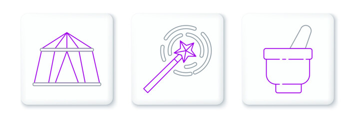 Set line Magic mortar and pestle, Circus tent and wand icon. Vector