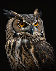 Large wild eagle owl with orange eyes on a black background