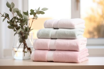 Fototapeta na wymiar fresh washed towels in soft color floral spa and wellness concept