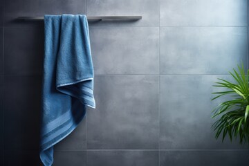 hanging blue towel in modern bathroom with grey tiles
