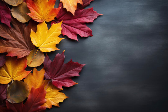 Black matte surface with colorful autumn leaves