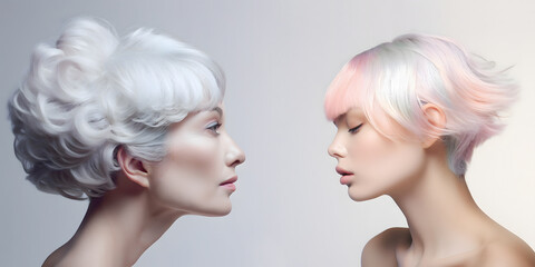 Portrait of two beautiful women with pink and gray hair facing each other. The idea of mother and daughter. Reflection of one person at different ages. Concept of hairstyle, makeup, cosmetic or aging.