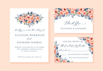 Watercolor Wedding vector floral invitation, thank you and rsvp card watercolor design set: garden flower pink peach colored