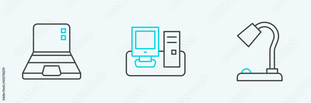 Poster set line table lamp, laptop and monitor with keyboard icon. vector