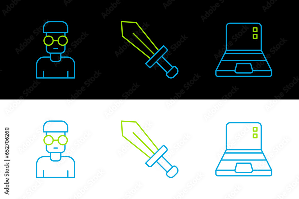 Poster set line laptop, nerd geek and sword for game icon. vector