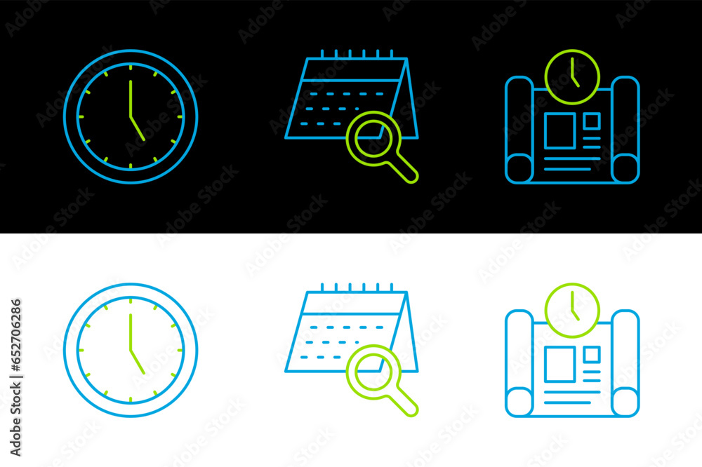 Poster set line project time plan, clock and calendar search icon. vector
