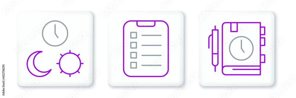Poster set line daily paper notepad, day and night with time and to do list or planning icon. vector