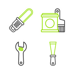 Set line Putty knife, Adjustable wrench, Paint bucket and brush and Chainsaw icon. Vector
