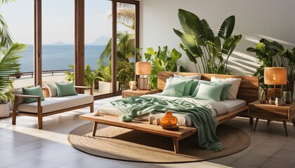 bedroom interior in tropical eco style