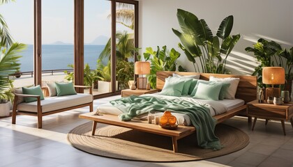 Obraz premium bedroom interior in tropical eco style