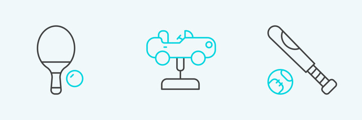 Set line Baseball bat with ball, Racket and and Swing car icon. Vector