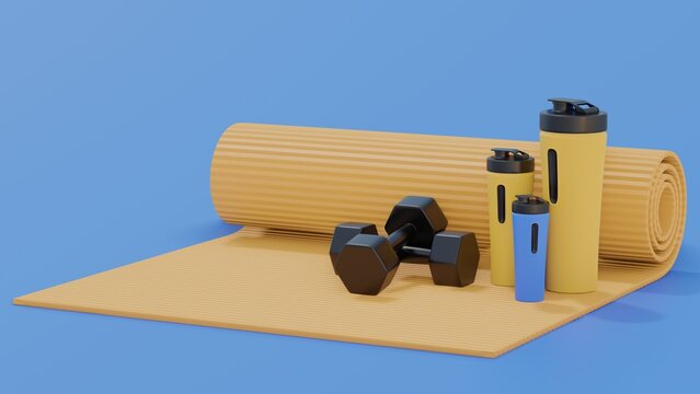 One karimat lie next to two dumbbells. Sports activities at home. Fitness classes at home. Sports equipment for maintaining the figure. 3d render on the blue background