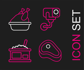 Set line Steak meat, Tin can with caviar, Security camera and Roasted turkey or chicken icon. Vector