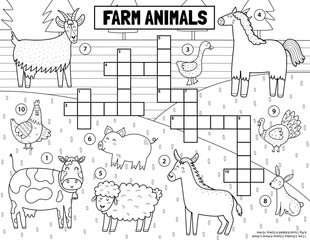 Farm animals black and white crossword for kids. On the farm puzzle for school and preschool. Funny activity page in outline for children. Vector illustration © juliyas