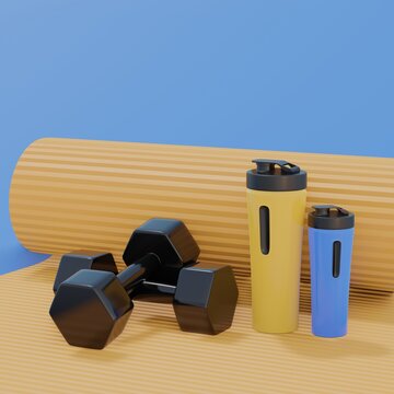 One karimat lie next to two dumbbells. Sports activities at home. Fitness classes at home. Sports equipment for maintaining the figure. 3d render on the blue background