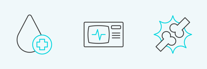 Set line Joint pain, knee pain, Donate drop blood and Monitor with cardiogram icon. Vector