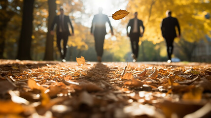 autumn falling leaves in the city park businessmen are running on yellow leaves joyfully scattering fallen leaves - obrazy, fototapety, plakaty