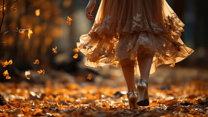 autumn background September, Indian summer, a girl in a light skirt fluttering in the wind kicks leaves, leaf fall and dry foliage flies from trees