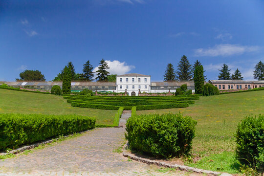 Uman, Ukraine - June 24, 2023: National Dendrological Park "Sofievka" in summer. View of the amphitheater and greenhouses